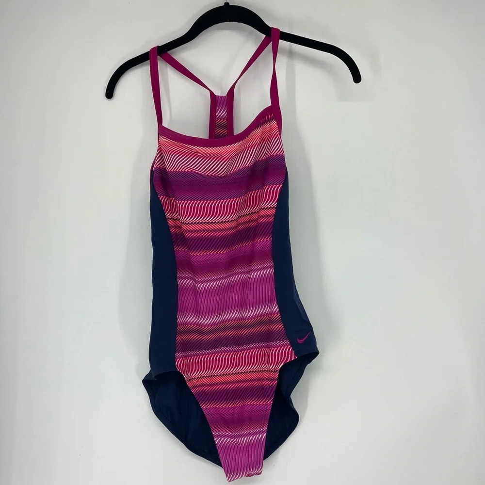 Nike one piece large t back racer strap swimsuit large blue Fuschia